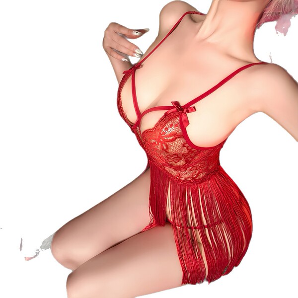 Red sheer lace nightgown with deep v neckline and fringe hem, featuring delicate straps and a seductive design.