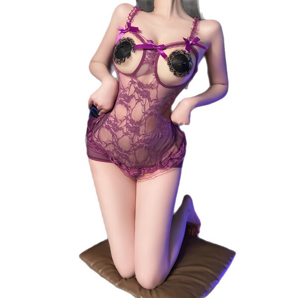 Purple lace bodysuit with open-crotch design, sheer sleepwear lingerie set featuring uniform style and bow details.