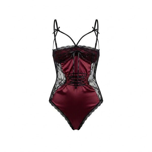 Burgundy satin lace bodysuit with black trim, strappy back, and open-crotch design for seductive sleepwear or roleplay.