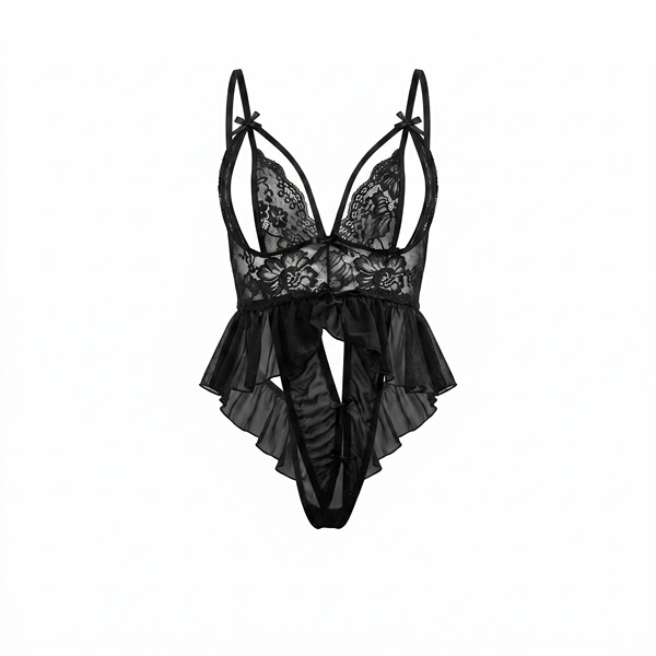Black lace bodysuit with sheer mesh, floral detailing, and open-crotch design—seductive sleepwear for intimate nights.