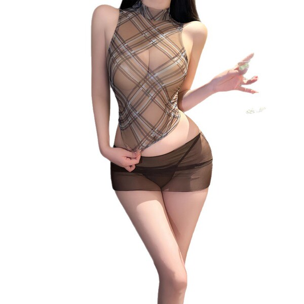 Sheer plaid bodycon lingerie set with high neck and mini skirt, designed for pure temptation and seductive allure.