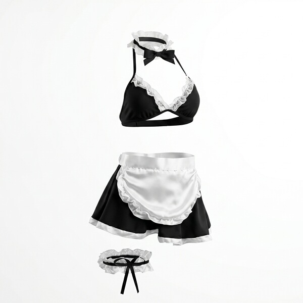 Black and white sexy maid costume set with lace trim bra, apron skirt, and headband for small bust by nightsigh.
