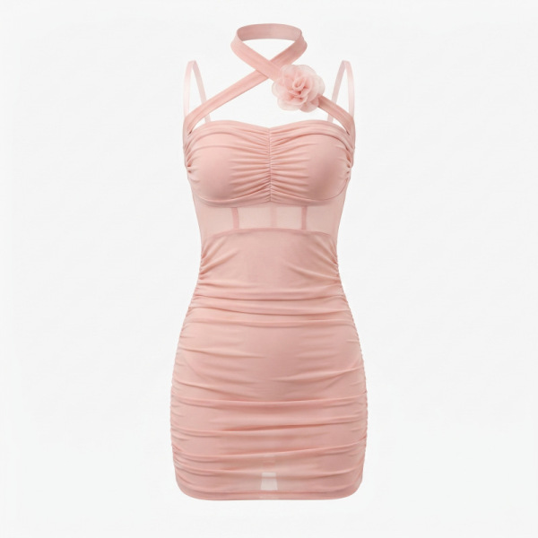 Pink sheer bodycon nursing dress with ruched bodice, floral halter straps, and peekaboo mesh details.