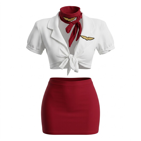 White cropped blouse with red scarf and gold wings, paired with a red mini skirt.