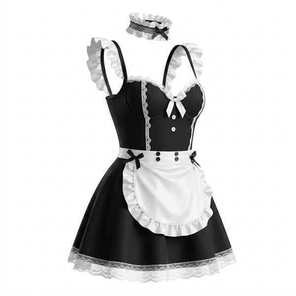 Sexy maid costume dress with black and white design, lace details, and apron for romantic date outfits.