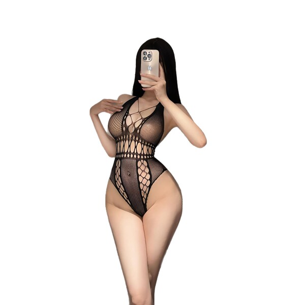 Woman wearing black mesh nightsigh lingerie set, taking mirror selfie with phone. seductive, alluring design.