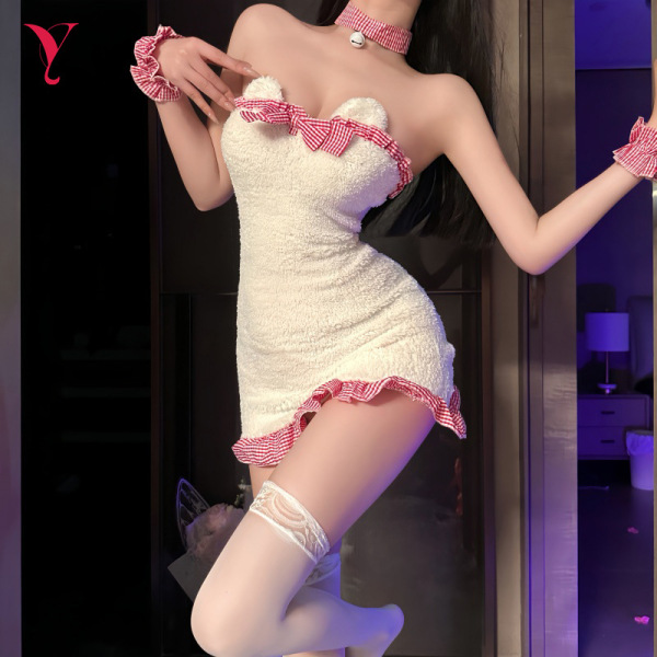 Woman modeling nightsigh nightsere sexy plush maid costume with christmas bear crop top, bodycon dress, and matching accessor...