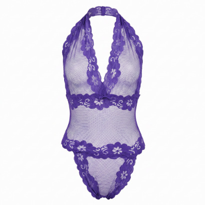 Purple lace bodysuit with floral trim, halter neck, and sheer mesh panels. nightsigh nightsere sexy transparent lingerie for ...