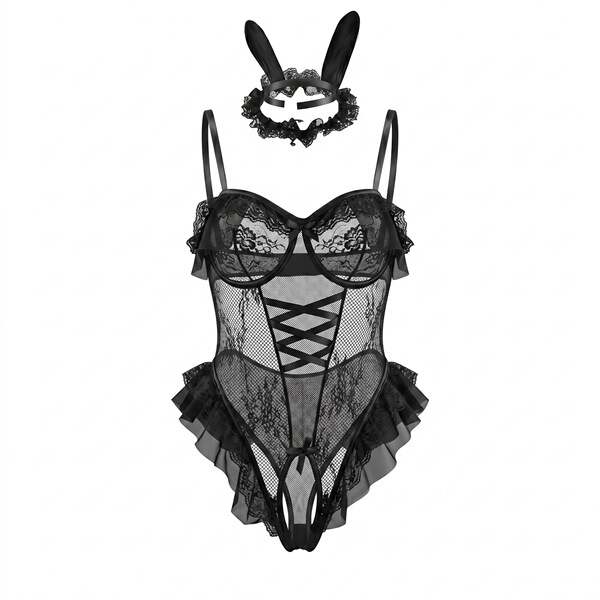 Nightsigh nightsigh bunny girl costume - sheer mesh bodysuit with open-crotch design for cosplay & holiday role play
