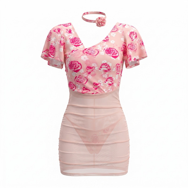 Nightsigh sexy lingerie set featuring a sheer deep v floral rose mesh bodycon mini dress, pure allure uniform style.