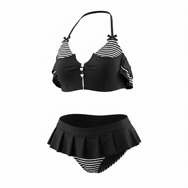 Black and white striped crop top with mini pleated skirt lingerie set, seductive uniform style outfit.