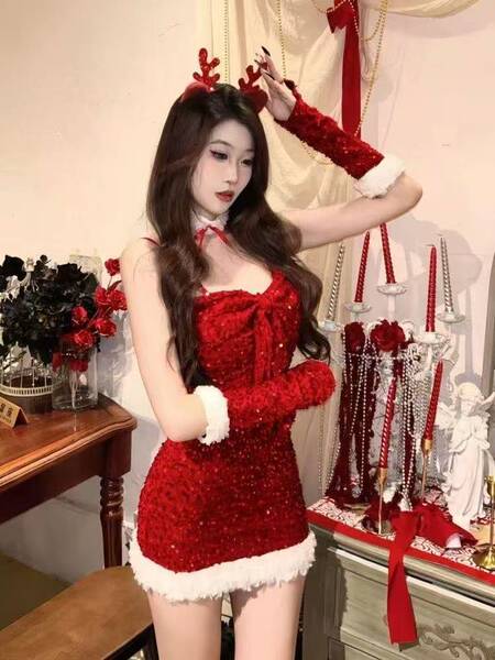 Sexy New Year Christmas Costume Lingerie Velvet Nightgown Role Play Outfit Set - 686 [Sleeve protectors + dress + neck ring]