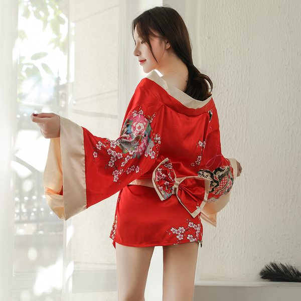 Japanese geisha sleepwear set featuring a red kimono robe with floral patterns, perfect for women and crossdressers seeking a...