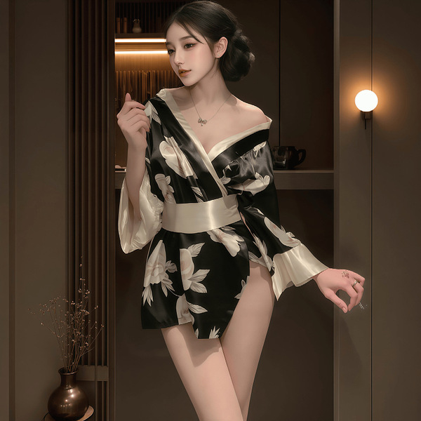 Elegant black and white floral japanese geisha sleepwear set featuring a silky robe with ruffled sleeves, perfect for cosplay...