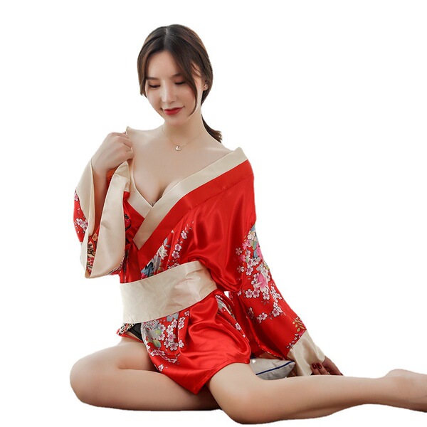 Red floral japanese geisha sleepwear set featuring a sexy kimono robe, busty bra, and ninja cosplay outfit for women and cros...