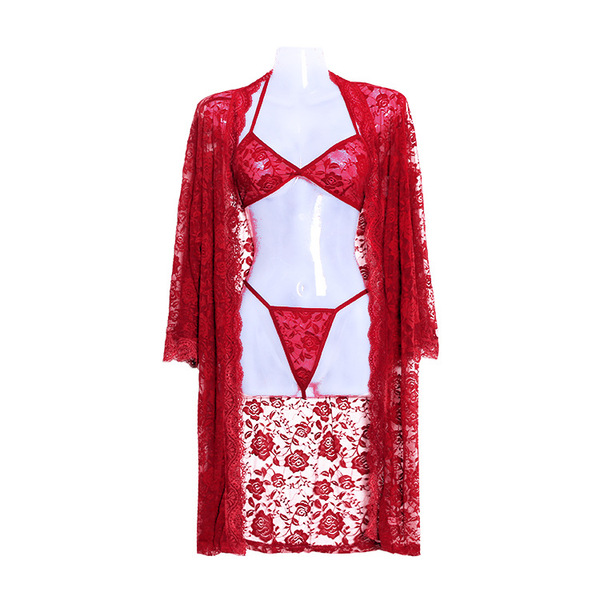 Lace Sexy Lingerie Set for Women - Plus Size Transparent Adult Costume Sleepwear Robe 3-Piece Ensemble - Jujube Red