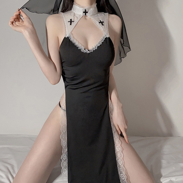 Sexy catholic role play outfit featuring a black sheer mesh skirt and detachable cross accessory, perfect for nun costume lin...