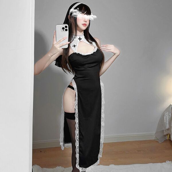 Seductive Nun Costume Lingerie - Busty Lace-Trimmed Role Play Outfit, No-Undress Design, Breathable & Flirty - Nun [Clothes + Veil + T-shirt] excluding stockings