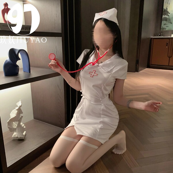 Sexy Nurse Costume Outfit - Smooth Solid-Color Slit Dress Uniform for Role Play & Cosplay - White Nurse [Clothes + Headband + T-shirt]