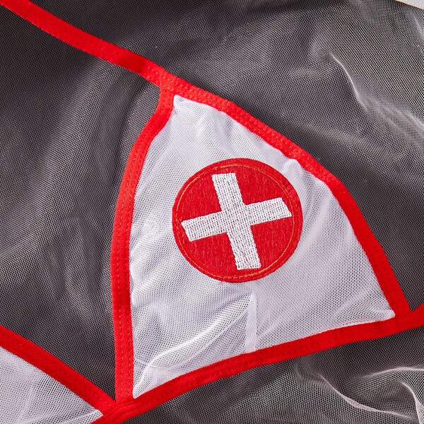 Sheer nurse lingerie set with red cross emblem and lace trim for seductive role play.