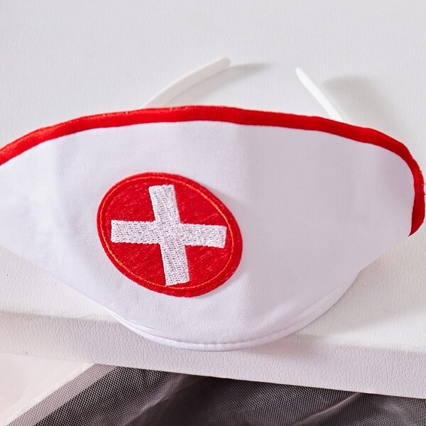White nurse hat with red cross emblem, part of a seductive sheer angel role play outfit featuring lace trim and open design.