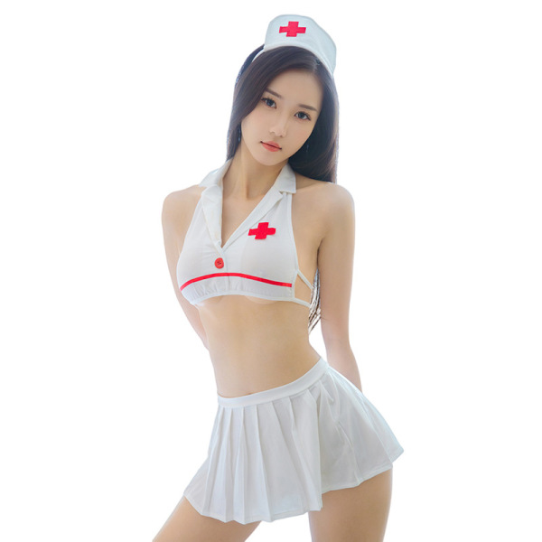 Woman wearing white nurse costume lingerie set with red cross details, featuring halter top and pleated skirt for adult role ...