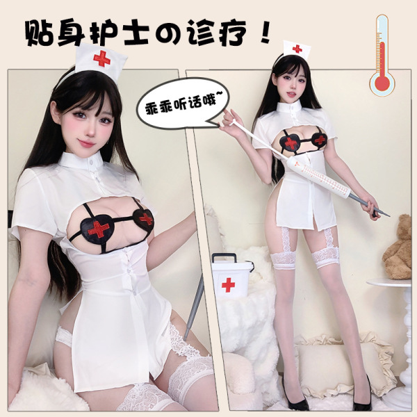 Seductive nurse costume lingerie set with cut-out bust, white dress, lace stockings, and medical props for role play.