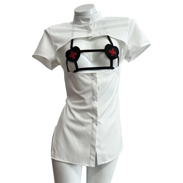 White nurse costume lingerie set with seductive cut-out bust, featuring black straps and red crosses for role play.