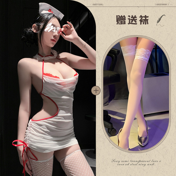 Manny Night Pure & Tempting Nurse Costume Set – Lace Sheer Bodycon Dress with Halter Neck for Role Play & Lingerie Sleep - Nurse outfit + white stockings