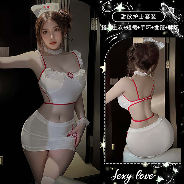 Pure & Playful Nurse Costume Lingerie Set – Sexy Sleepwear for Women, Plus Size Flirty Outfit - Nurse outfit (top + skirt + bracelet + headband + neck ring) + pictured stockings
