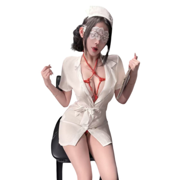 Woman in white nurse-themed lingerie set with open-crotch design, lace eye mask, and red rope accents—sexy, pure, tempting in...