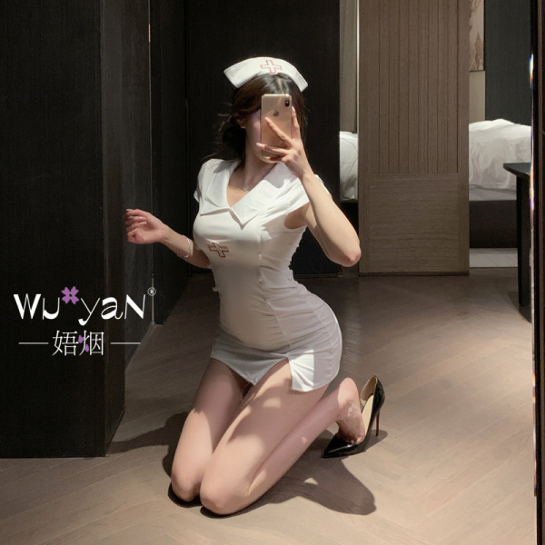 Pure & Playful Lingerie Set – Nurse-Themed Sexy Sleepwear for Women, Seductive Costume-Inspired Intimate Apparel - White nurse uniform + headdress + white stockings