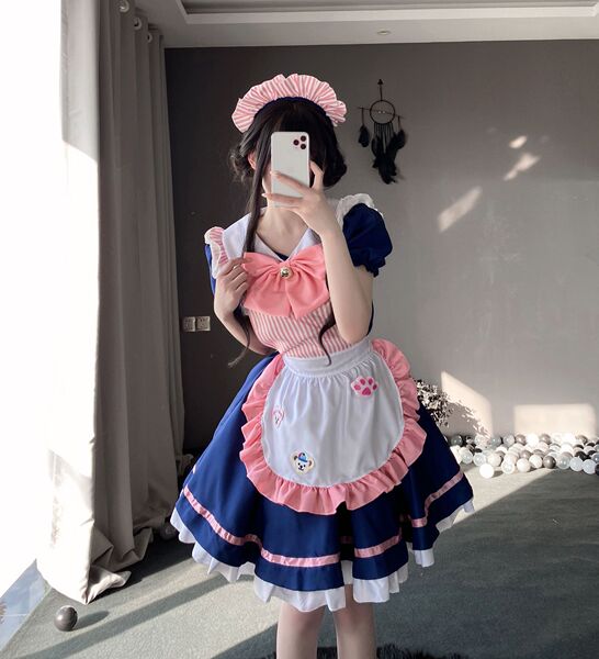 Anime Maid Costume Dress - Cute Lolita Cosplay Outfit for Halloween, Anime Conventions & Roleplay - Milk Bear, Milk Cat, Navy Blue Maid