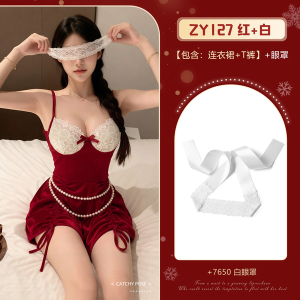 Feimu Velvet Deep V Sleep Dress for Valentine's Day - Sexy Lace Backless Nightgown, No-Remove Intimate Wear ZY127 - NY1SYT005026◆Retro Oil Painting◆Red + White【Dress + T-shirt】+White Eye Mask