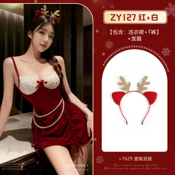 Feimu Velvet Deep V Sleep Dress for Valentine's Day - Sexy Lace Backless Nightgown, No-Remove Intimate Wear ZY127 - NY1SYT005213◆Retro Oil Painting◆Red + White【Dress + T-shirt】+Red + Gold Deer Antler Headband