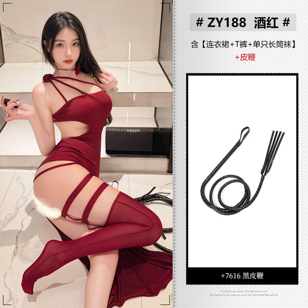 Feimu Sexy Lace Rose One-Shoulder Backless Bodycon Nightdress - Red Floral Sleepwear Set ZY188 - NY1SYT005579◆Scarlet Rose◆Wine Red【Dress + T-shirt + Single Stocking】+Black Leather Whip