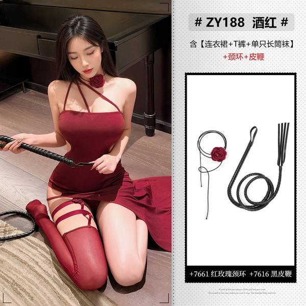 Feimu Sexy Lace Rose One-Shoulder Backless Bodycon Nightdress - Red Floral Sleepwear Set ZY188 - NY1SYT005580◆Scarlet Rose◆Wine Red【Dress + T-shirt + Single Stocking】+Red Necklace + Black Leather Whip