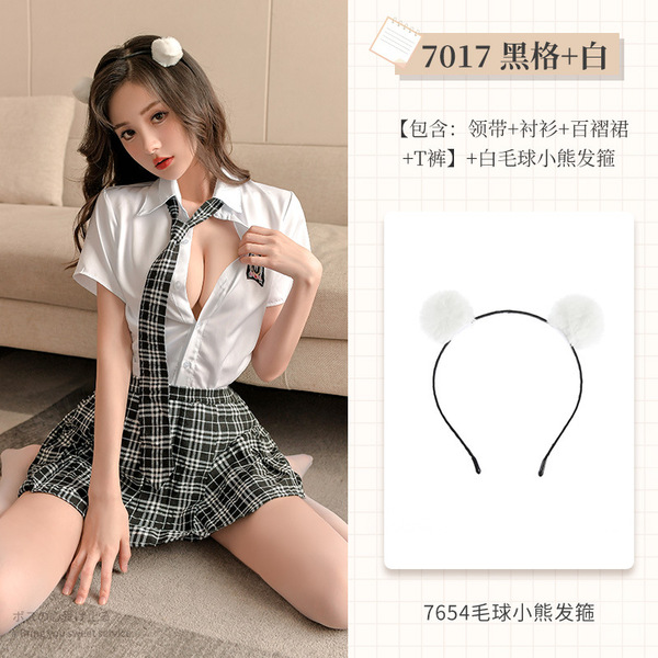 Feimu Seductive Lingerie Set - School Uniform JK Style Outfit for Women, Sexy Costume Ensemble - NY1XST002729 Black checkered + white [tie + shirt + pleated skirt + thong] + white headband