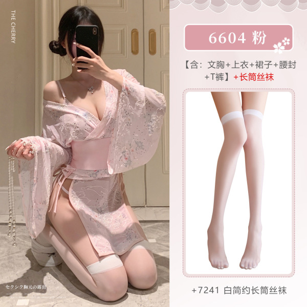 Feimu Japanese-Style Seductive Side-Open Thong Set – Revealing Cheeky 3-Piece Lingerie, No-Remove Design - NY1ZFT004829◆Cherry Blossom Romance◆Pink【Bra + Top + Skirt + Waist Belt + Thong】+White Stockings