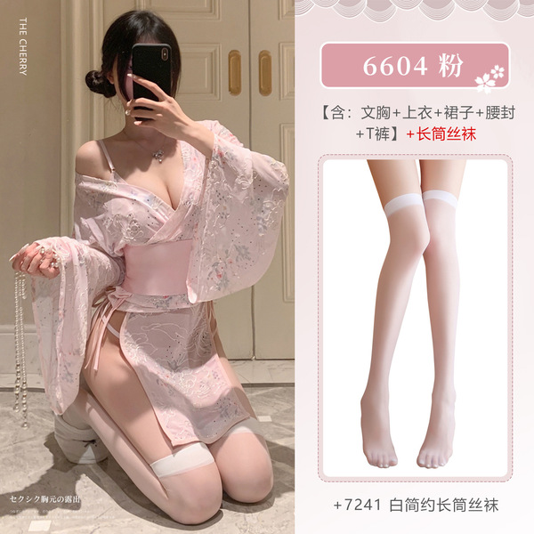 Feimu Japanese-Inspired Seductive Side-Open Thong Set – Breathable 3-Piece Lingerie for Effortless Intimacy - NY1ZFT004829◆Cherry Blossom Romance◆Pink【Bra + Top + Skirt + Waist Belt + Thong】+White Stockings