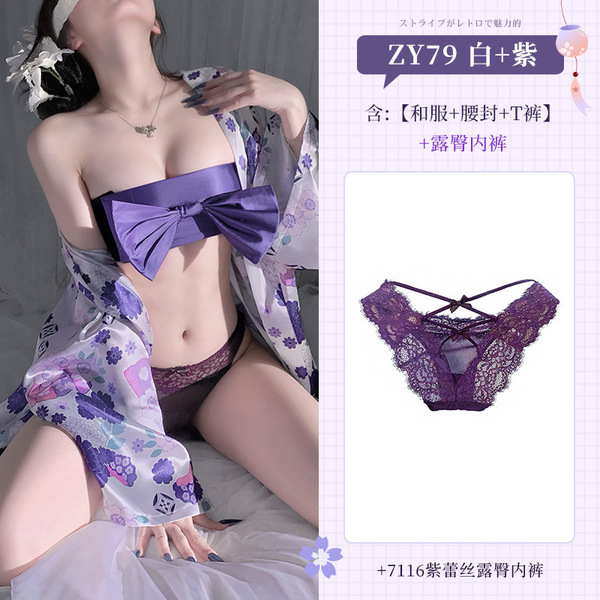 Feimu Sakura Kimono Lingerie Set – Two-Way Sexy Sleepwear with Chest & Hip Reveal, No-Remove Design - NY1ZFT005212◆Enchantment in the Night◆ White + Purple [Kimono + Obeisise + T-shirt] + Purple Underwear
