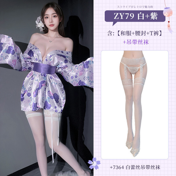 Feimu Sakura Kimono Lingerie Set – Two-Way Sexy Sleepwear with Chest & Hip Reveal, No-Remove Design - NY1ZFT005214◆Enchantment in the Night◆ White + Purple [Kimono + Obeisise + T-shirt] + White Garter Stockings