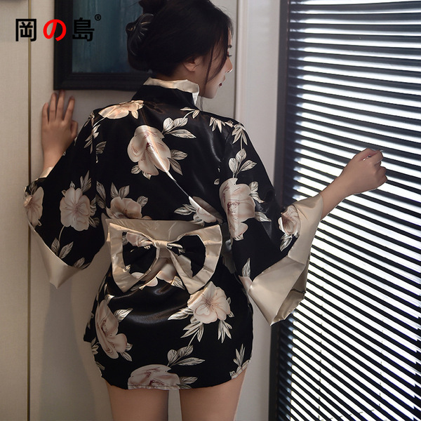 Sexy plus size japanese kimono lingerie set featuring floral pattern, open-crotch design, and peek-a-boo bust detail.