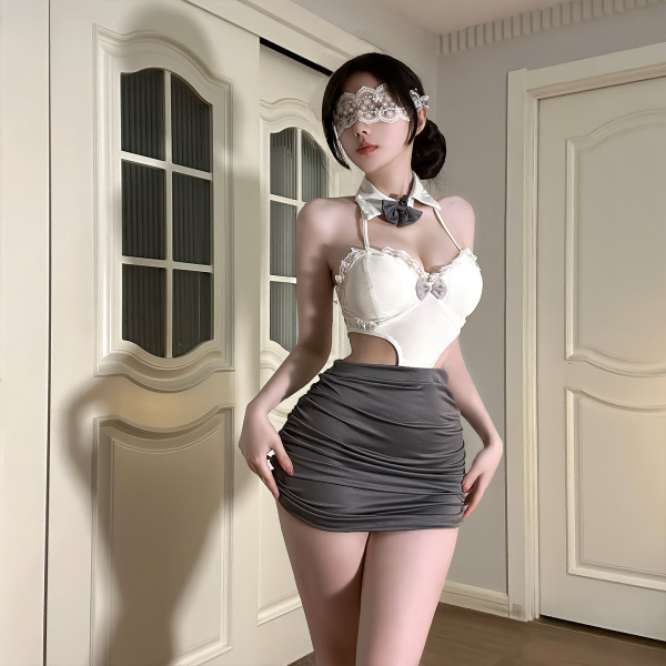 Woman in elegant ol secretary lingerie set with white lace top, gray mini skirt, and black bow choker.