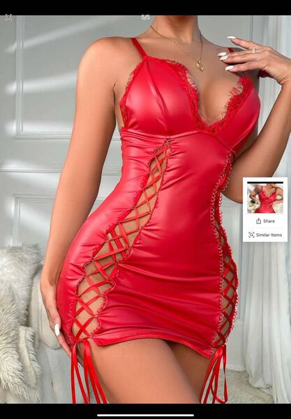 Woman wearing red ol secretary lingerie set with lace-up sides and pencil skirt, perfect for summer cosplay or seductive slee...