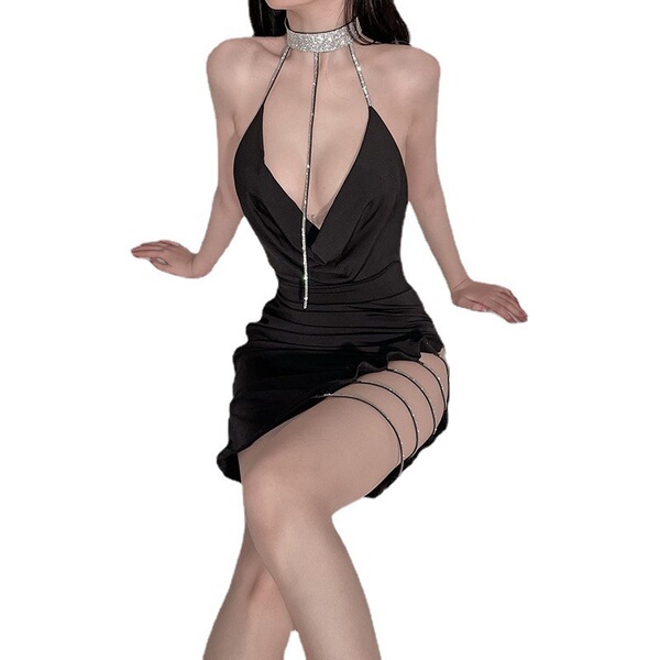 Black ol secretary bodysuit with deep v-neck, thigh slit, and adjustable straps.