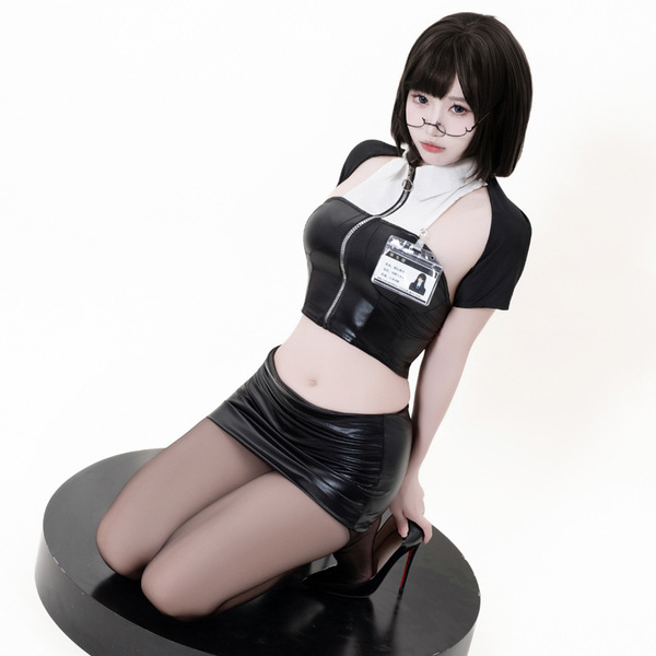 Ol style sexy lingerie set - leather-look secretary cosplay outfit with pencil skirt & police uniform accents