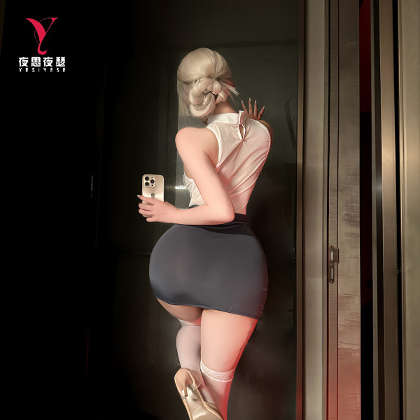 Woman in ol sexy secretarial outfit set with white blouse and gray skirt, posing by a door for a hot date night.