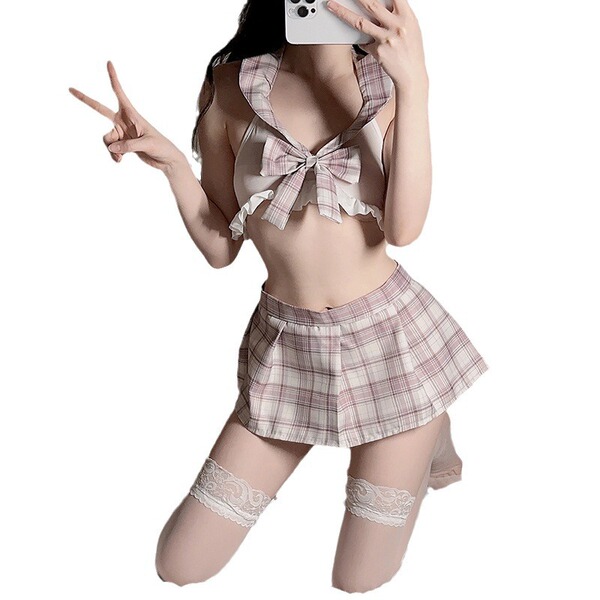 Ol teacher jk cat costume set featuring plaid design, cute bow, lace stockings, perfect for nightclubs and role play outfits.