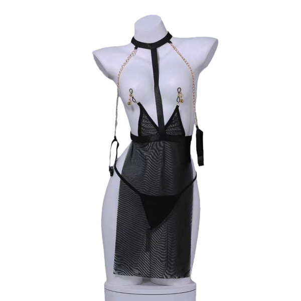 Sexy black cat costume set featuring a halter top, sheer skirt, and bralette, perfect for nightclub or role play outfits.